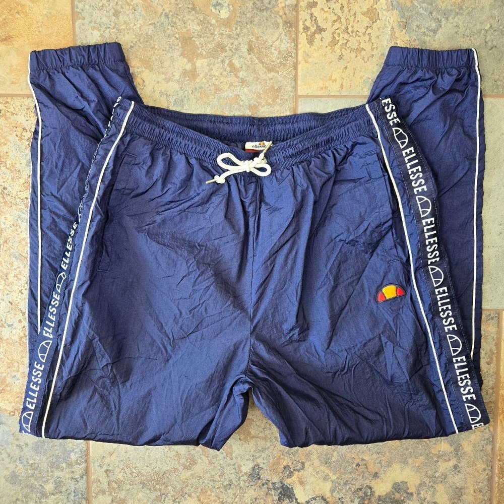 Ellesse Size Large Bandino Track Pants Blue White Logo Trim Drawstring Elastic